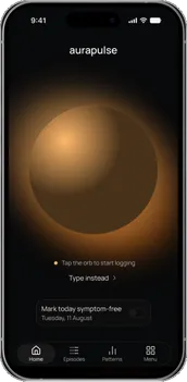 The Aurapulse home screen: tap the orb to start logging.